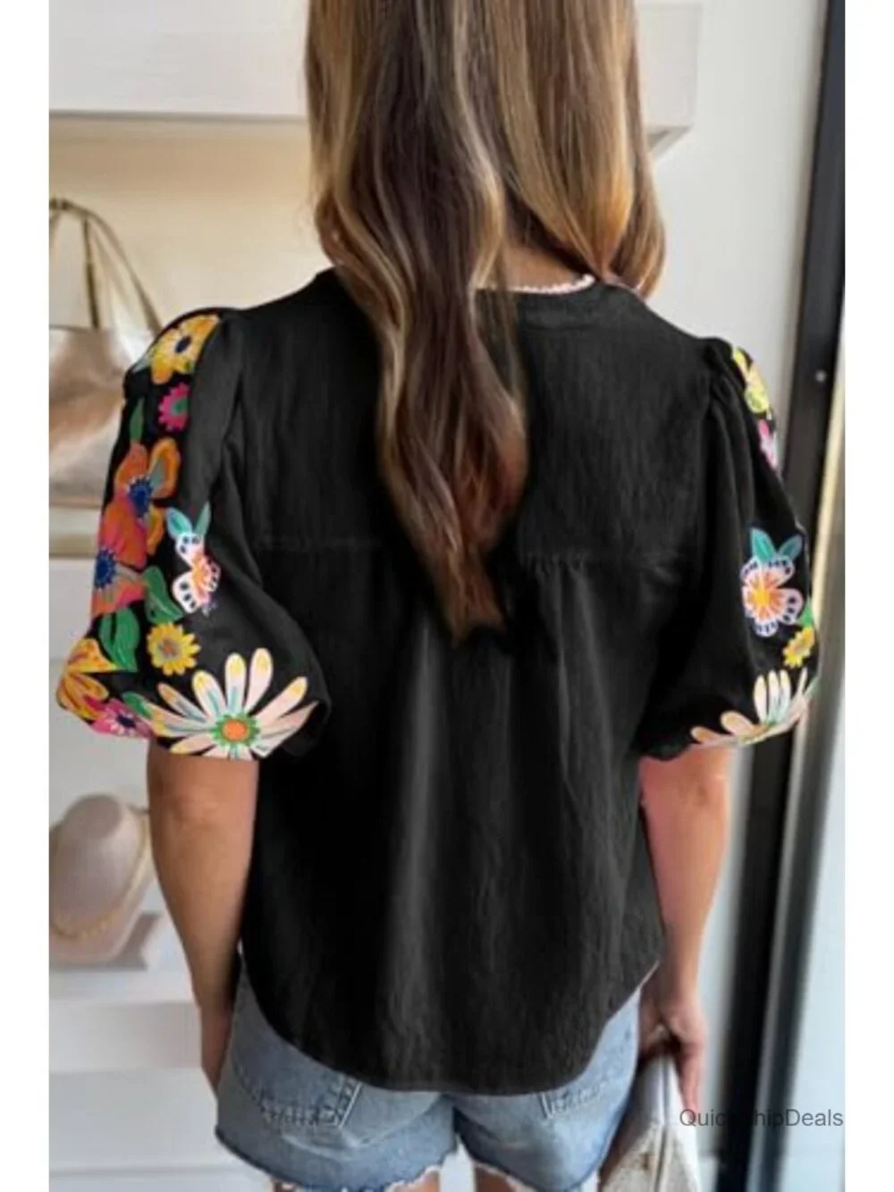 Womens Floral Embroidered Tops Casual Summer Puff Sleeve Split V Neck